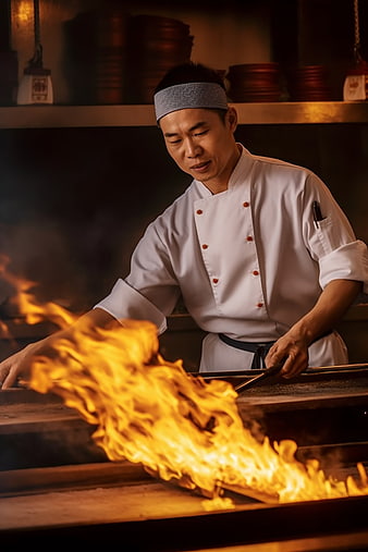 Asian Chef Cooking with Open Flame in Kitchen