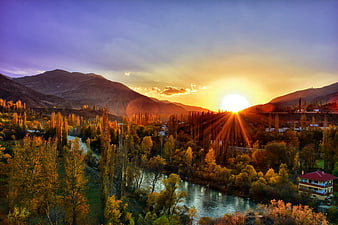 Golden Sunset Over Mountain River Valley with Autumn Trees