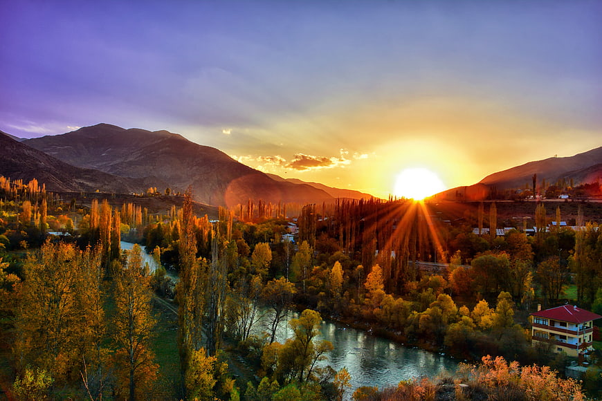 Golden Sunset Over Mountain River Valley with Autumn Trees