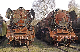 Rusty vintage steam locomotives in a train graveyard