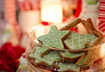 Green Star-Shaped Christmas Cookies in Glass Bowl