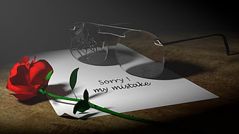 3D render of apology note with rose and broken glasses