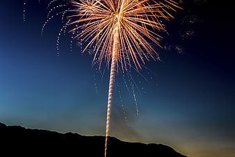 Golden Firework Bursting Over Silhouette Mountains at Night