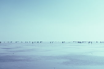 Minimalist winter landscape with people walking on frozen lake