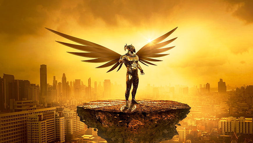 Golden Winged Angel Statue on Floating Rock Over City