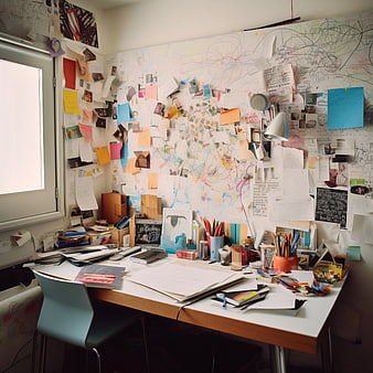 Cluttered Creative Workspace with Inspiration Board and Art Supplies