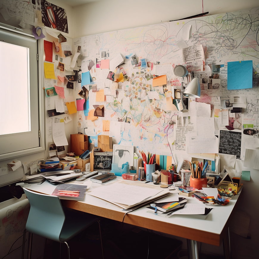 Cluttered Creative Workspace with Inspiration Board and Art Supplies