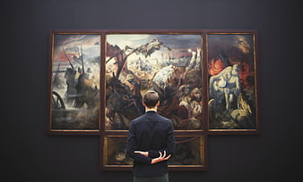 Man Viewing War Triptych Painting in Museum Gallery