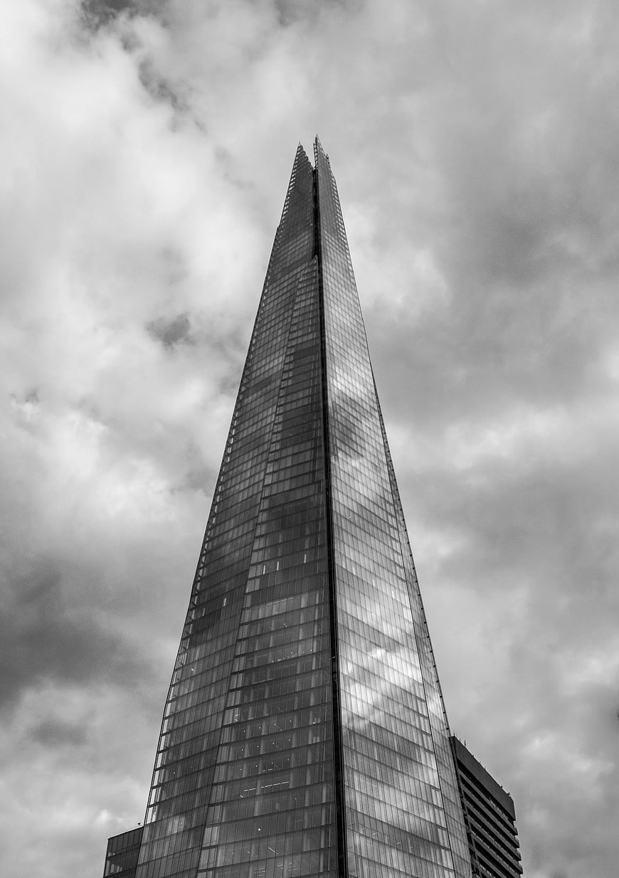Black and white low angle view of The Shard skyscraper