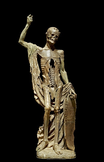 Gothic Skeleton Sculpture with Torn Robes and Tombstone