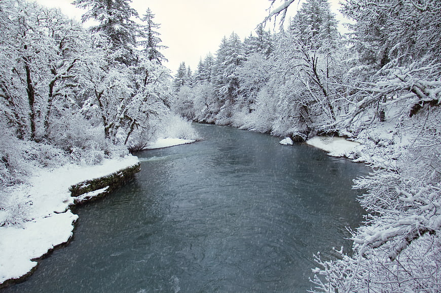 Snowy River Flowing Through Winter Forest Landscape