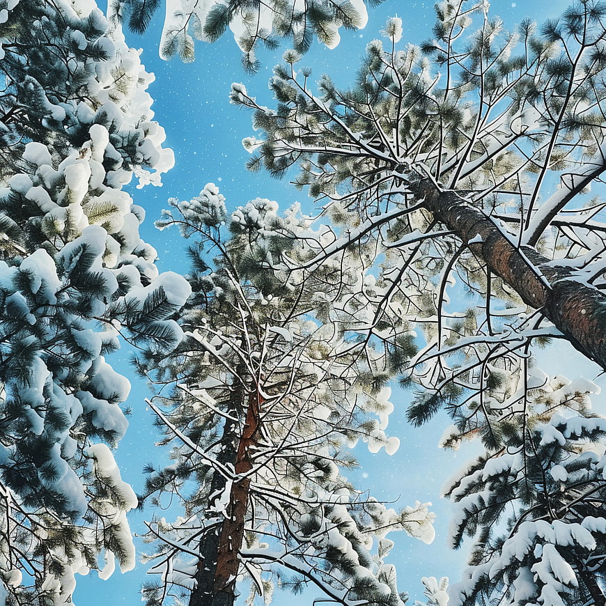 Snow-Covered Pine Trees Against Blue Sky