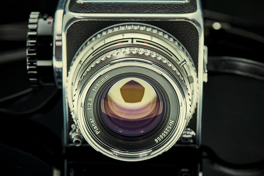 Close-up of vintage Hasselblad camera lens with aperture blades