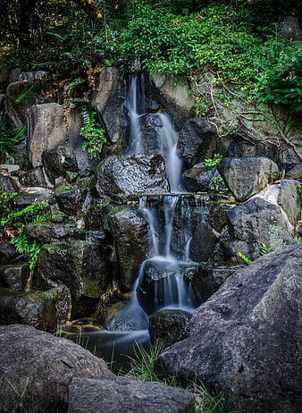 Small Waterfall Cascading Over Rocks In Lush Green Forest