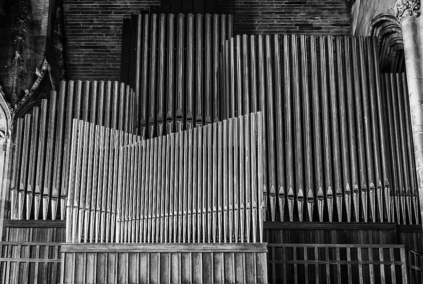 Black and White Church Organ Pipes Architecture