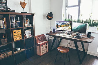 Rustic Home Office Workspace with Dual Monitors