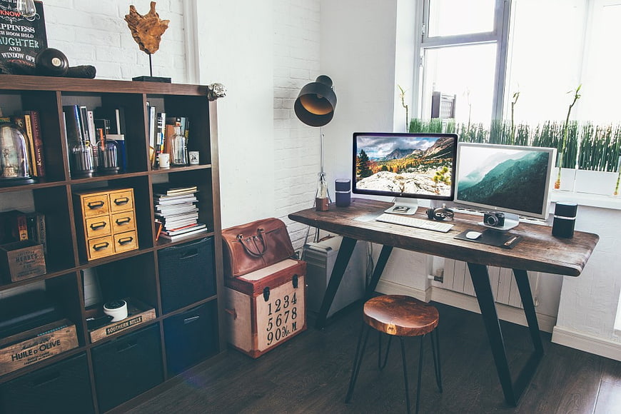 Rustic Home Office Workspace with Dual Monitors