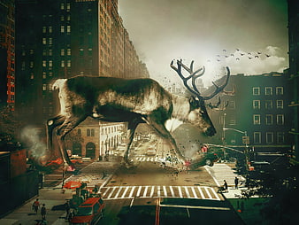 Giant surreal deer running through city street