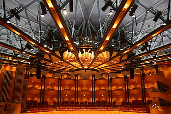 Interior of Cologne Philharmonie concert hall with wooden ceiling