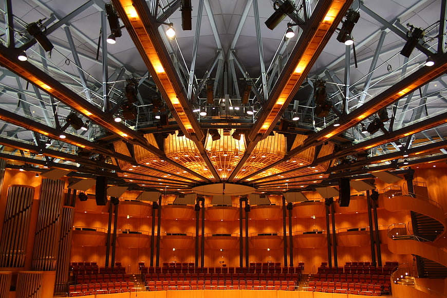 Interior of Cologne Philharmonie concert hall with wooden ceiling
