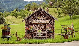 Rustic Firewood Stack House with Welcome Sign in Green Meadow