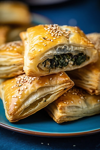 Golden spinach puff pastry with sesame seeds on blue plate