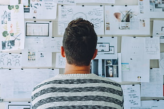 Man Viewing Design Mockups on Wall