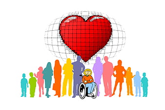 Diverse group of people silhouettes with person in wheelchair and heart