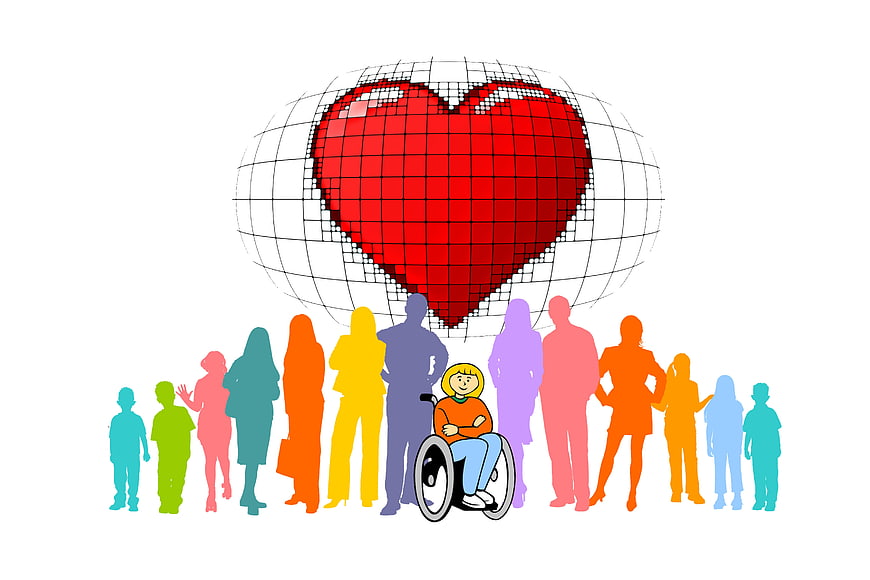 Diverse group of people silhouettes with person in wheelchair and heart