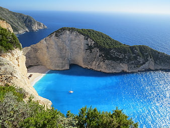 Aerial view of Navagio Beach with shipwreck and blue sea