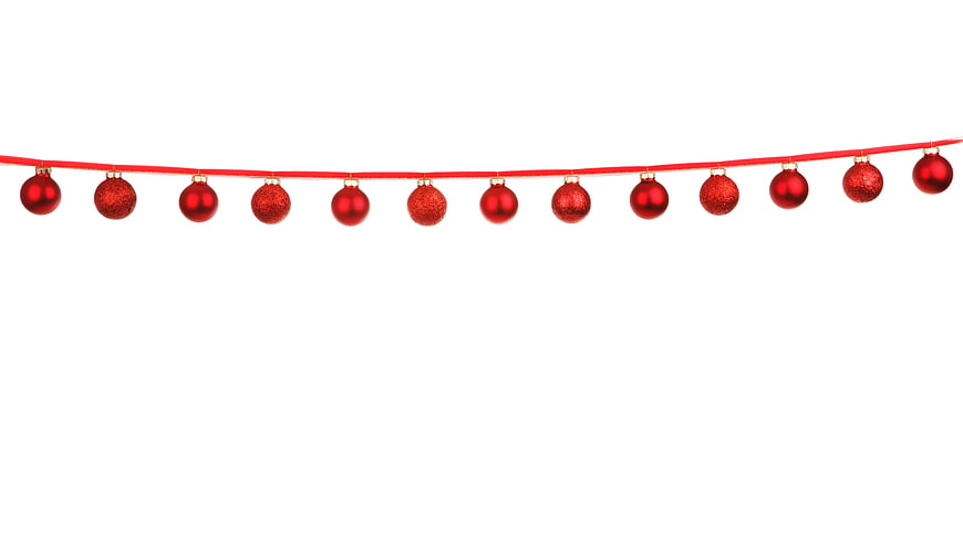 Red Christmas Baubles Hanging on Ribbon Against White Background
