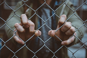 Close-up of hands gripping a chain-link fence tightly