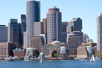 Boston Skyline View From The Water With Sailboats