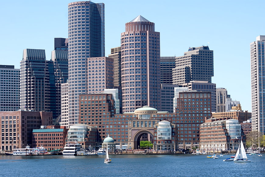 Boston Skyline View From The Water With Sailboats