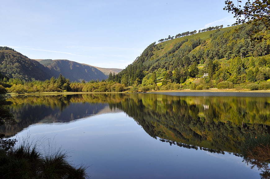 Serene Lake Reflection in Lush Green Mountain Valley