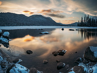 Serene Winter Lake Landscape with Snowy Mountains and Sunset Reflection