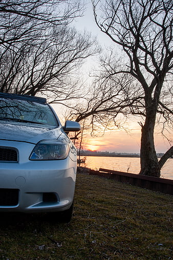Silver Car Parked by Lake at Sunset with Bare Trees