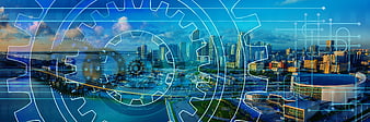 City Skyline With Digital Gears And Circuit Overlay