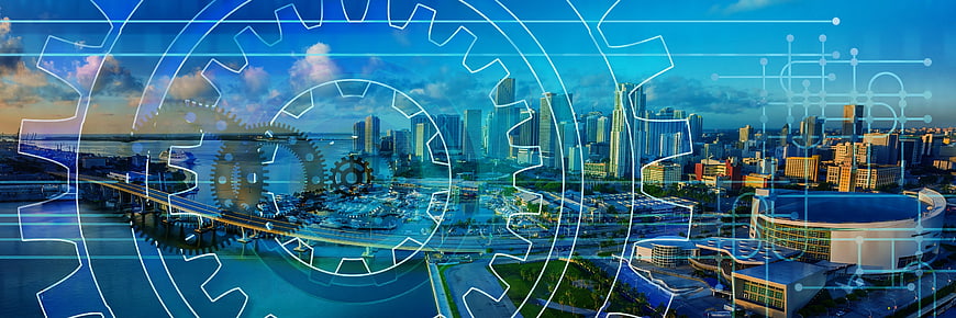 City Skyline With Digital Gears And Circuit Overlay