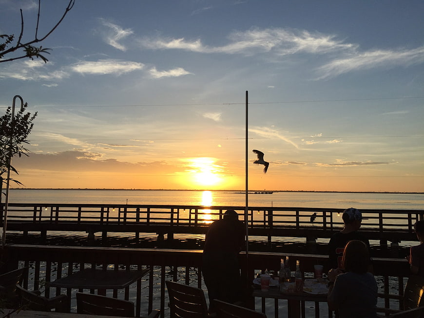 Silhouetted Pelican Flying Over Sunset Ocean Pier