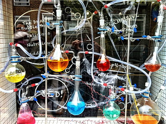 Colorful Chemistry Lab Display in Shop Window