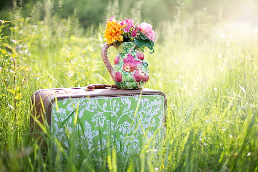 Vintage suitcase with floral pitcher in sunny summer meadow