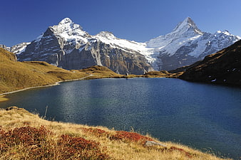 Alpine Lake with Snow-Capped Mountains and Autumn Foliage