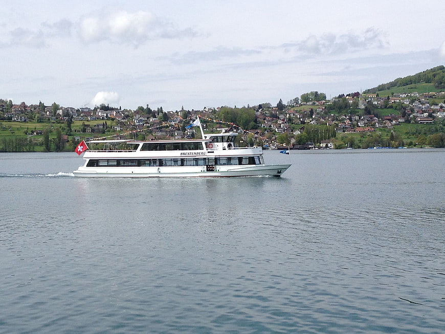 White passenger ferry boat sailing on Lake Hallwil, Switzerland