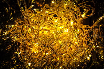 Tangled warm white Christmas lights on dark background