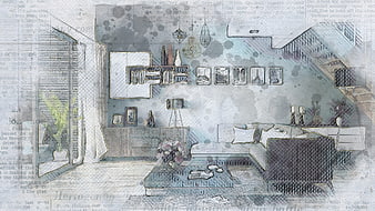 Vintage Sketch Style Living Room Interior Design Concept