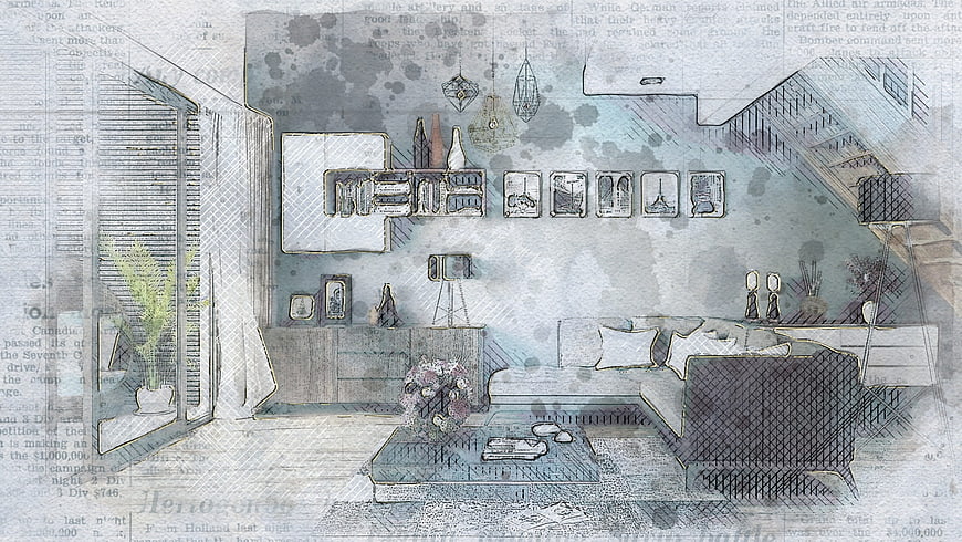 Vintage Sketch Style Living Room Interior Design Concept
