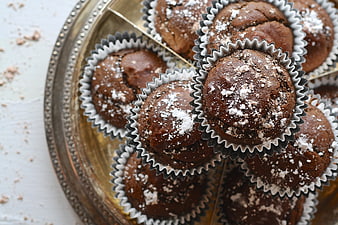 Chocolate Muffins with Powdered Sugar on Vintage Gold Tray