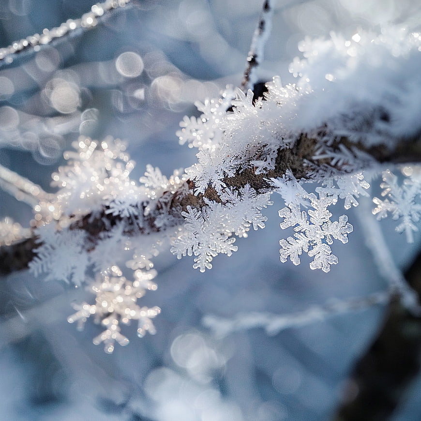 Macro Close-Up of Intricate Snowflakes on a Frosty Branch