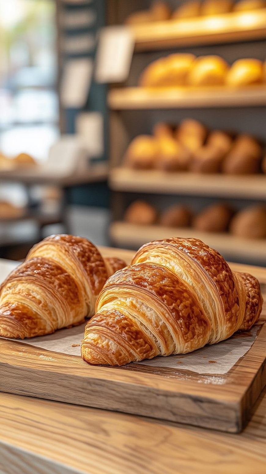 Fresh Golden Croissants on Wooden Board in Bakery
